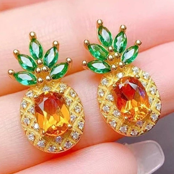 NEW Earrings CZ Pineapple Rhinestone 14k Gold Plated Fine Jewelry A24 - Picture 1 of 4